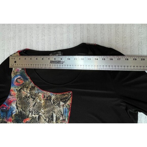 Creation Womens 3/4 Sleeve Tunic Top XXL Red Peacock Feathers Asymmetric Hem - Picture 6 of 8